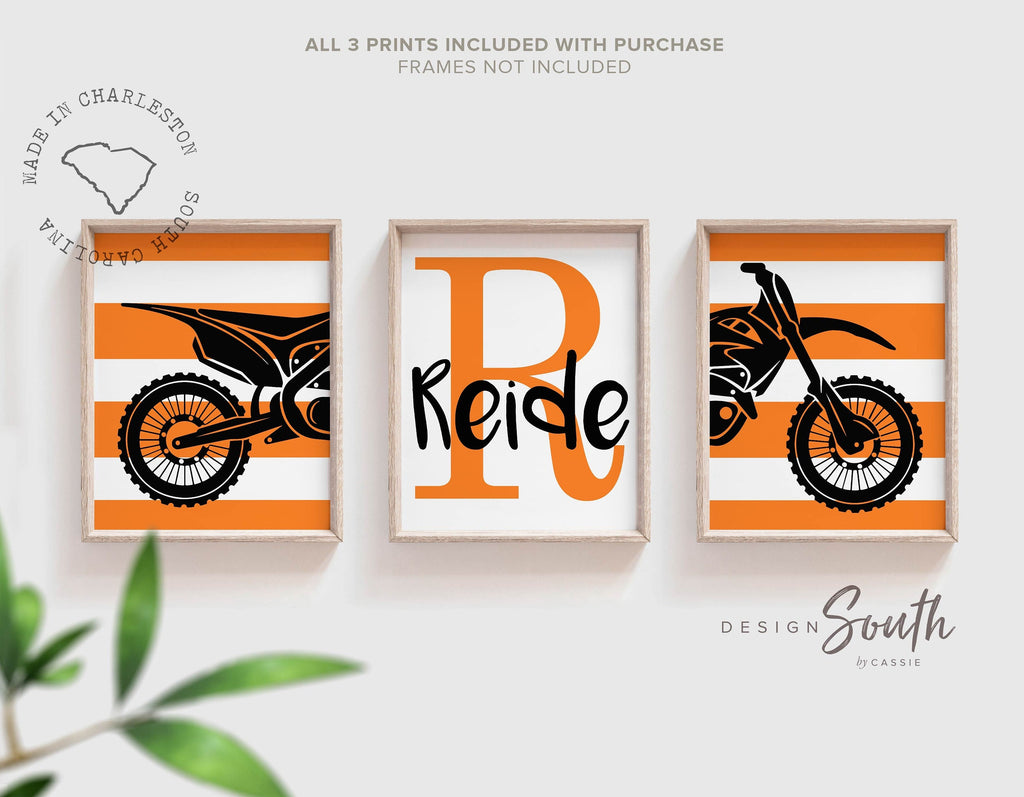 Dirt bike room decorating ideas, customized name motocross dirt bike wall art boys room, dirt bike theme bedroom playroom nursery, boys gift, orange