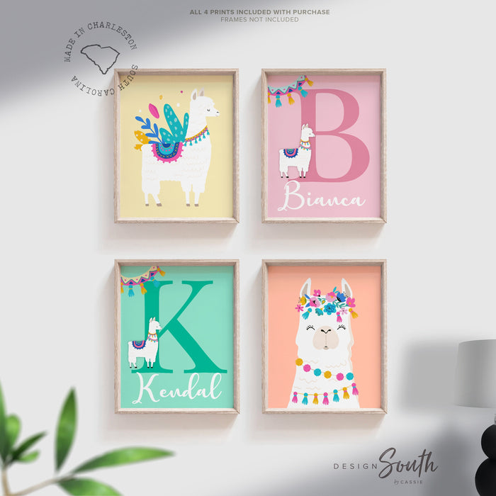 Girl twins nursery ideas, llama alpaca cactus sisters bedroom, twin girls nursery wall art print, pink coral mint, baby girl twin wall decor
