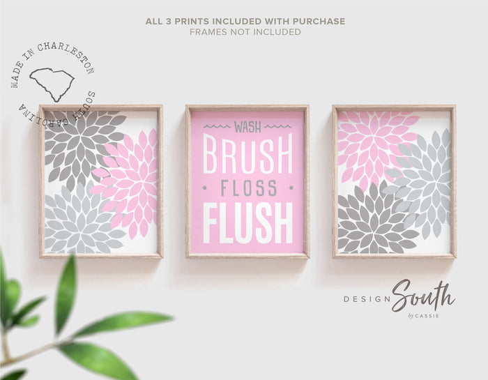 Girl pink gray bathroom decor, girls wash brush bathroom sign, gray pink girls bathroom, girls flower bathroom, modern bright kids decor