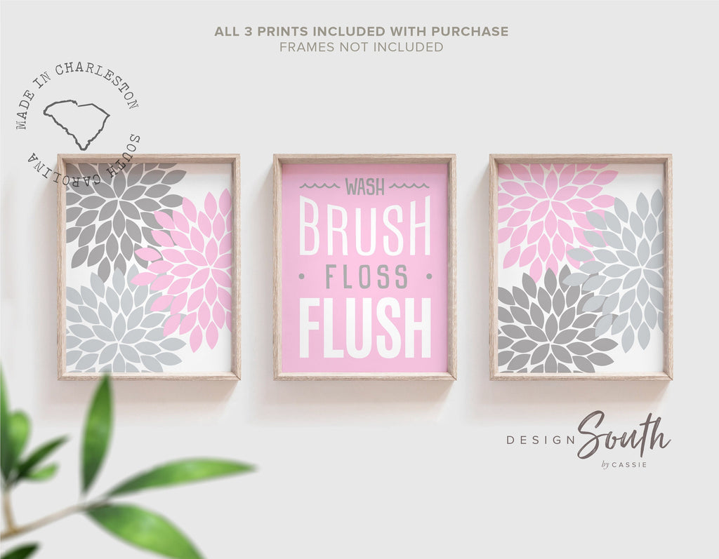 Girl pink gray bathroom decor, girls wash brush bathroom sign, gray pink girls bathroom, girls flower bathroom, modern bright kids decor