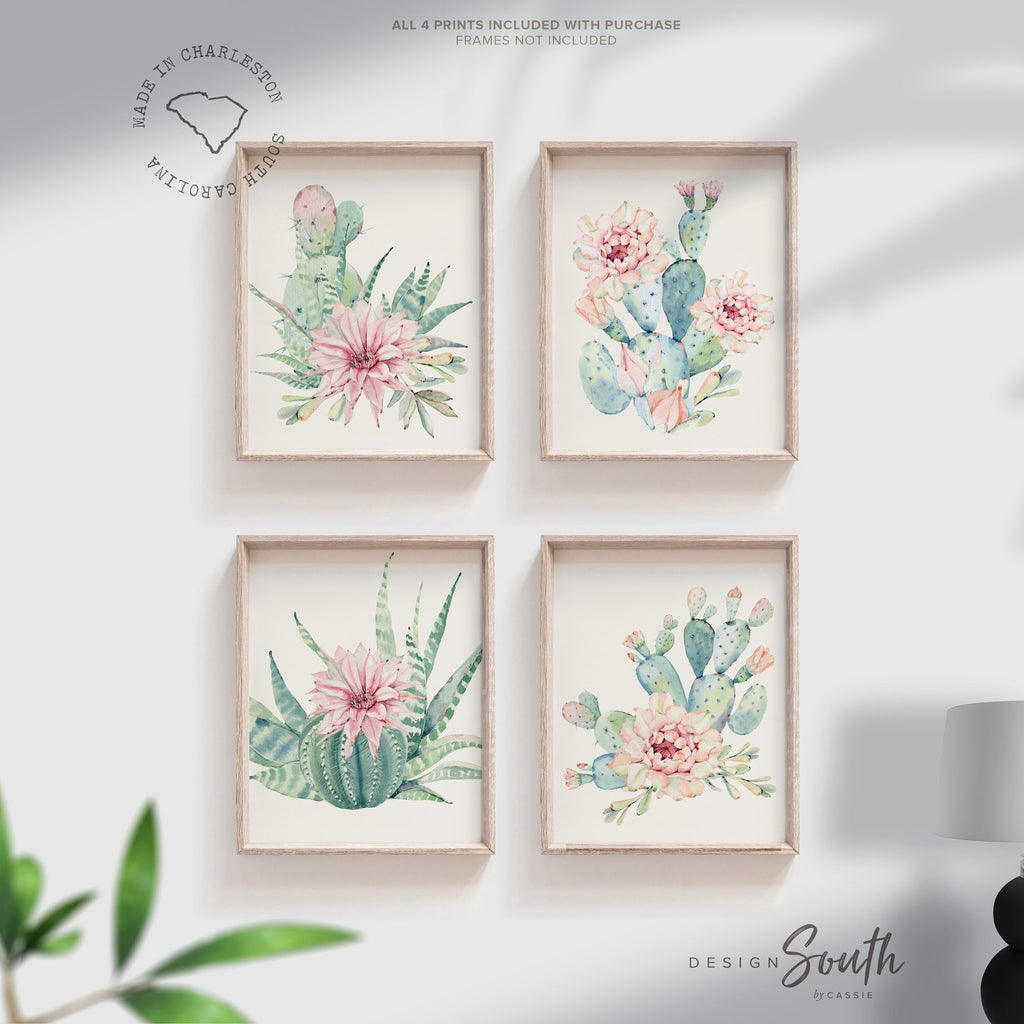 Cactus bloom prints, cactus floral nursery print, baby girl cactus nursery print, pink floral cactus wall prints, cactus nursery decor set 4