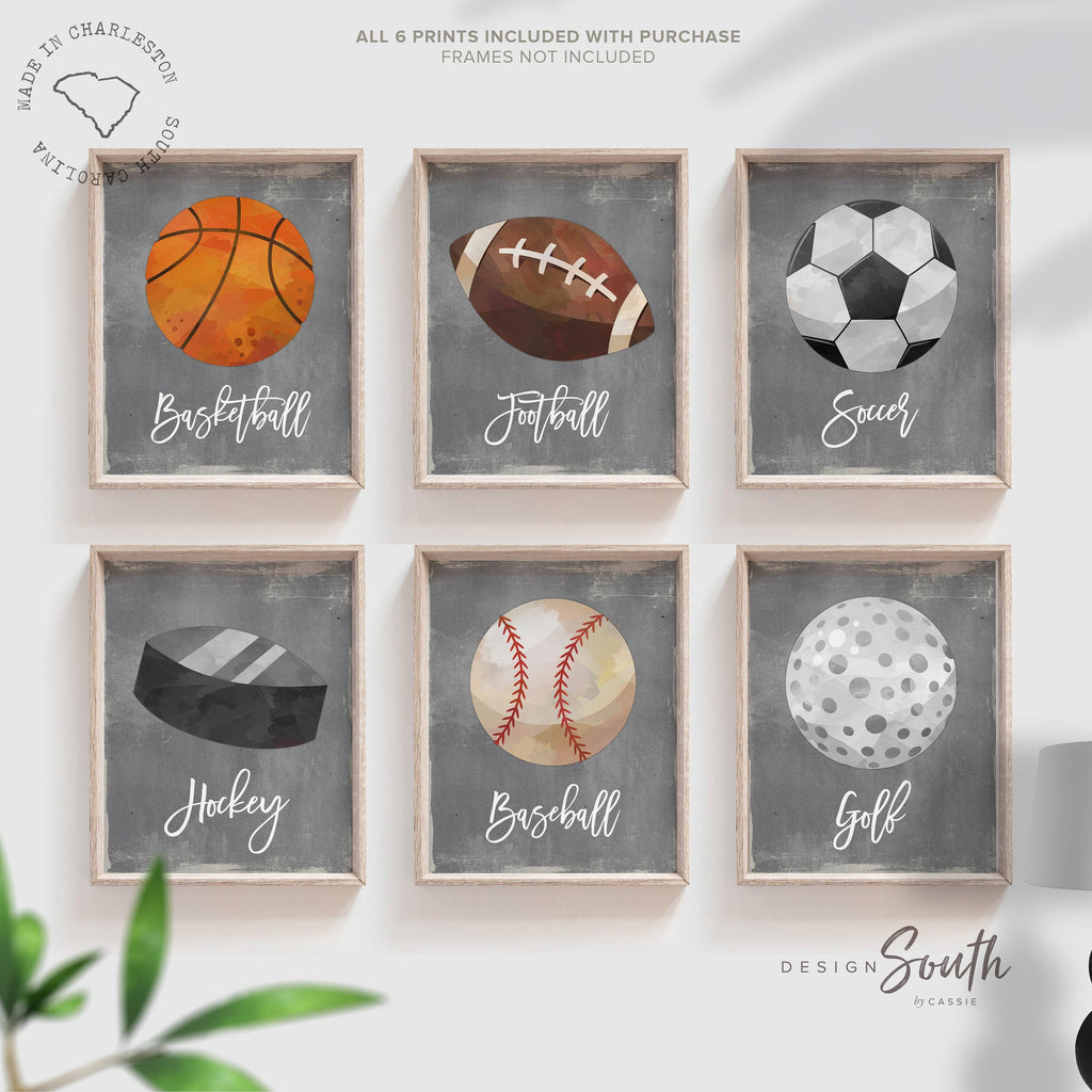 Sports boys room baseball football soccer hockey basketball golf, toddler sports room decor, wall art boys prints neutral gray industrial