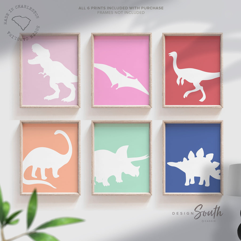 Colorful dinosaur art, little girl room dinosaur themed, wall art print set of 6 dinosaurs, collection of dinosaur prints, playroom dinosaur