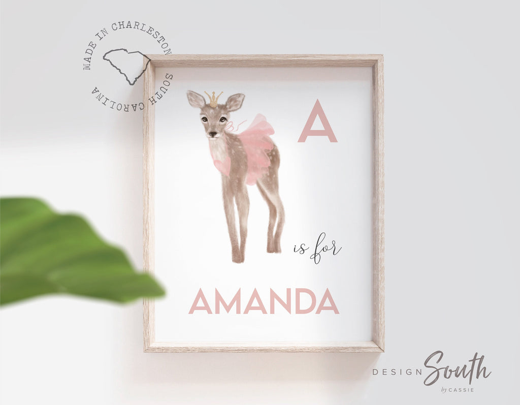 A is for name print personalized, fawn deer baby art, baby girl monogram baby deer, newborn baby gifts, dance tutu ballerina art, pink deer