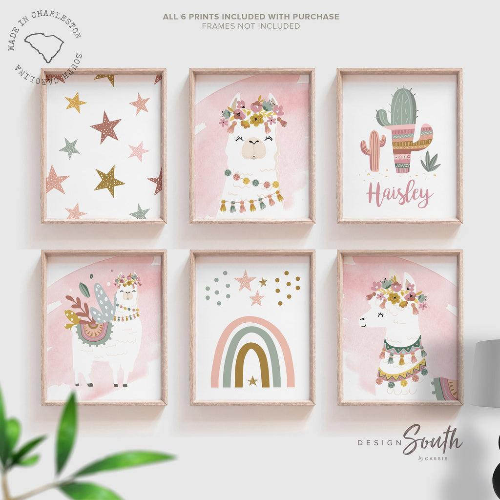 Boho baby room decor, baby girl nursery ideas mauve pink, bohemian style nursery art print set for girl, personalized gift girl boho llama