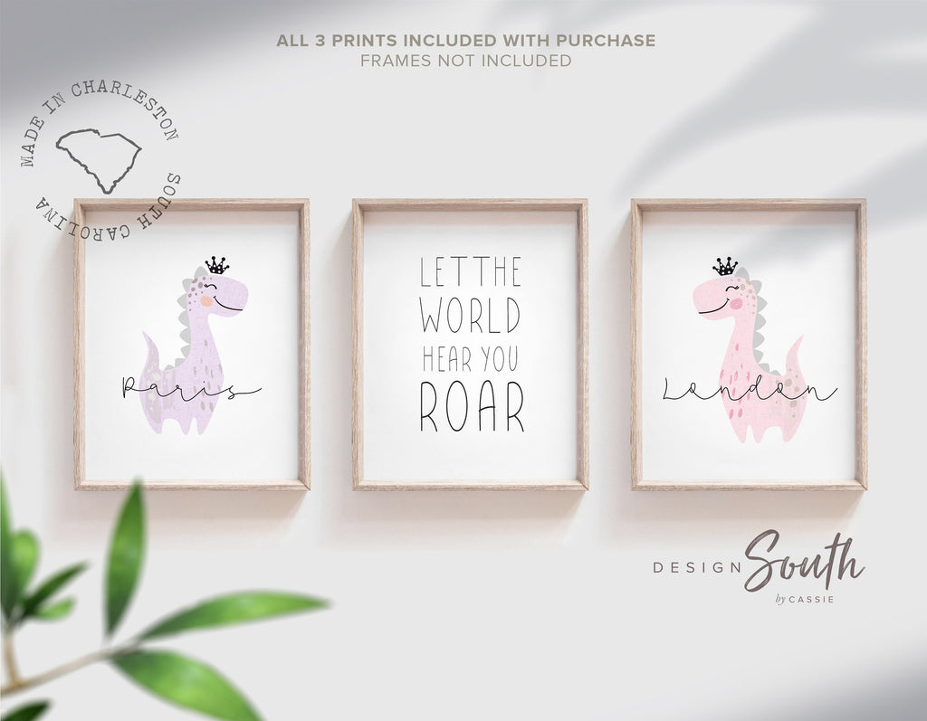 Sister room decor, personalized names two girls sisters siblings wall art, twin nursery prints for babies, dinosaur themed room pink purple