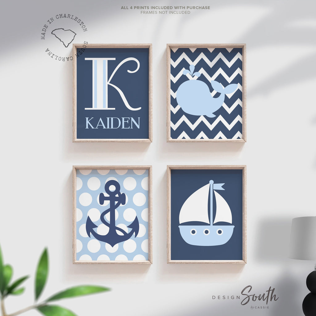 Baby boy nautical nursery, personalized art for boy, anchor navy blue nautical nursery, initial and name print, boys nautical art navy blue