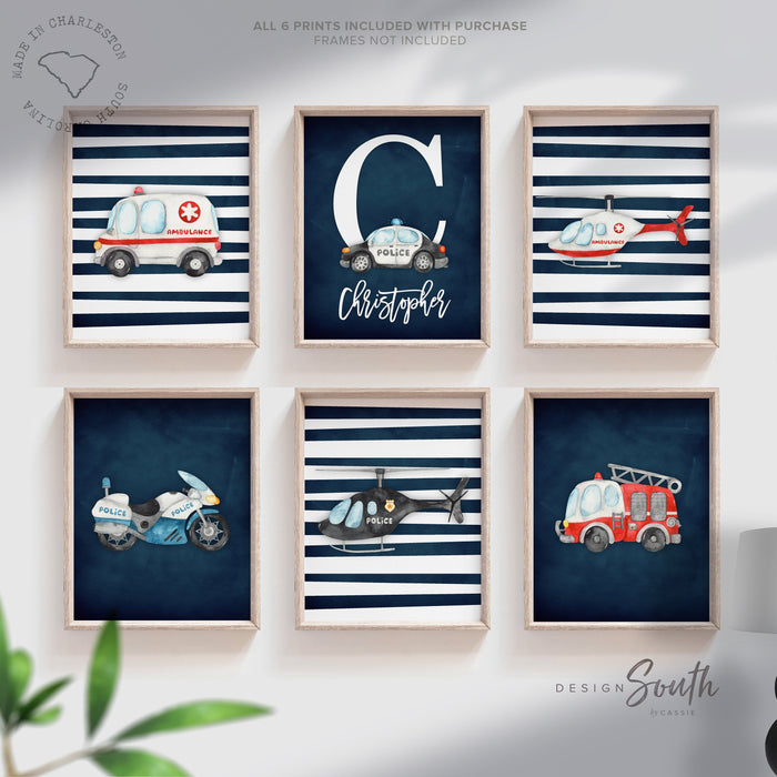 Rescue vehicle wall art, emergency vehicles nursery art, toddler room decor, big boy bedroom, transportation nursery, vehicles wall art set