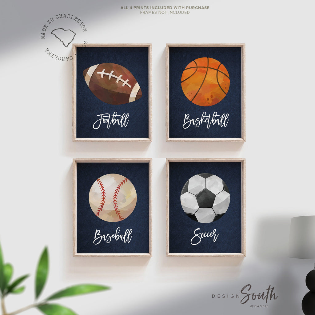 Little boy sports room theme, sports kids wall art print, vintage sports decor, set of 4 sports balls, football baseball basketball children