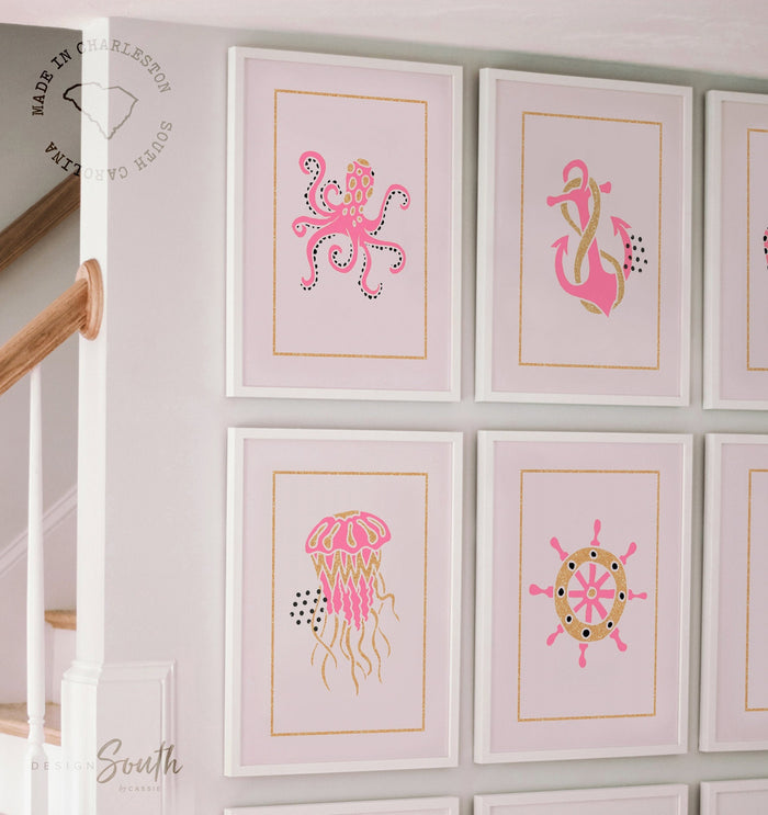 Girls nursery decor, pink gold beach nursery decor, prints for girls, gold and hot pink, sea animal ocean nautical nursery, pink sea animals