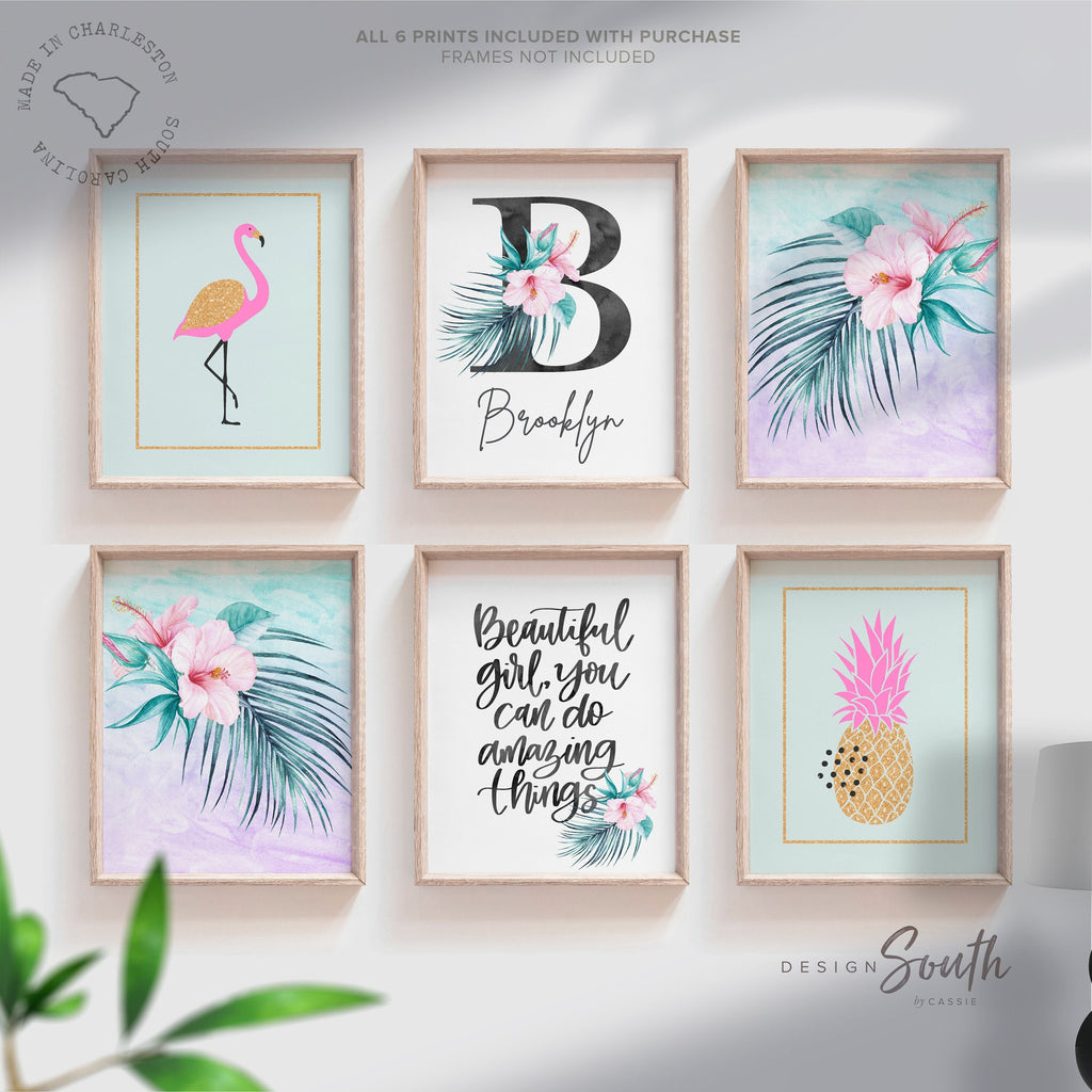 Teal pink and gold nursery, teal gold pink girls room wall art, little girl tropical decor, beautiful girl you can do amazing things quote