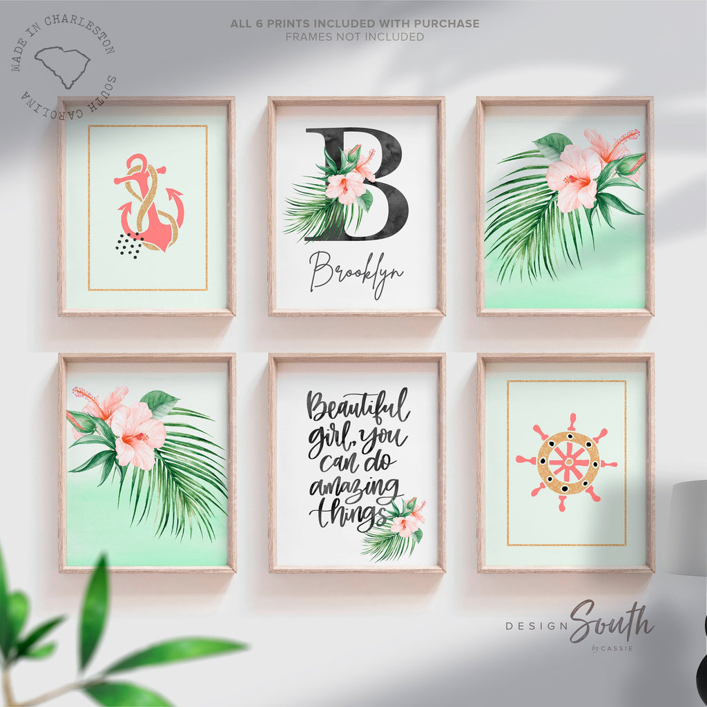 Girl mint coral nursery, girls anchor art, coral and gold anchor, nautical prints for girls, coral mint ocean decor, beach tropical nursery