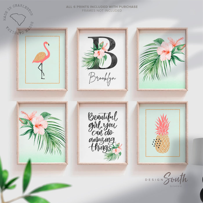 Mint green and coral nursery, mint gold coral girl's room wall art, little girl tropical decor, beautiful girl you can do amazing things art