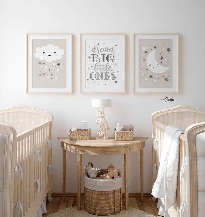Dream big little ones, quote for twins, twin decor, twin nursery art, twins, boy girl twins, gray star twins cloud moon, twin art neutral