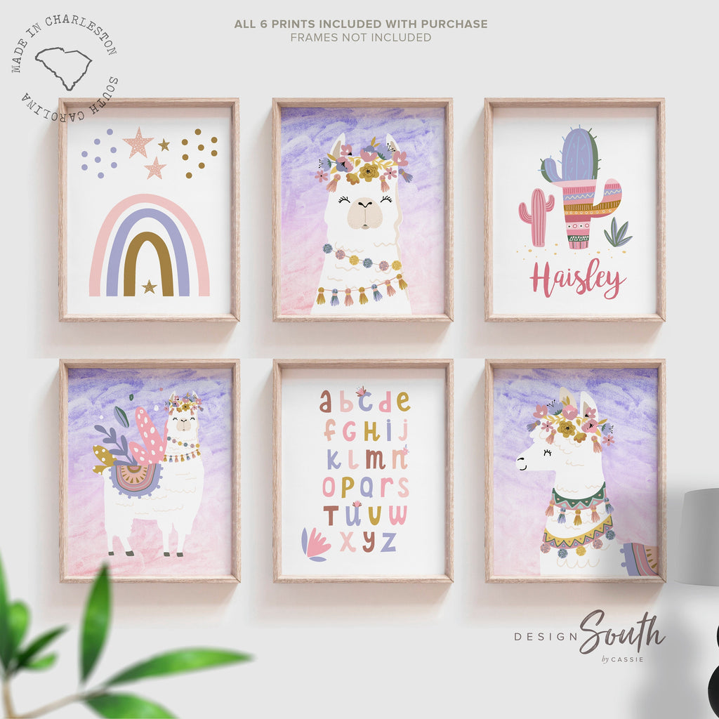Llama themed girls nursery room wall art, llama baby girl gift, llama baby name gift, purple nursery baby room decor, desert girl bedroom