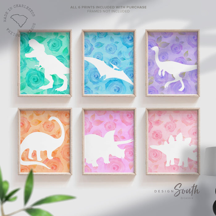 Roses flowers girl dinosaur, floral dinosaur room art for girl, playroom girl dino, playroom dinosaur art, girly dinosaur art, pink dinosaur