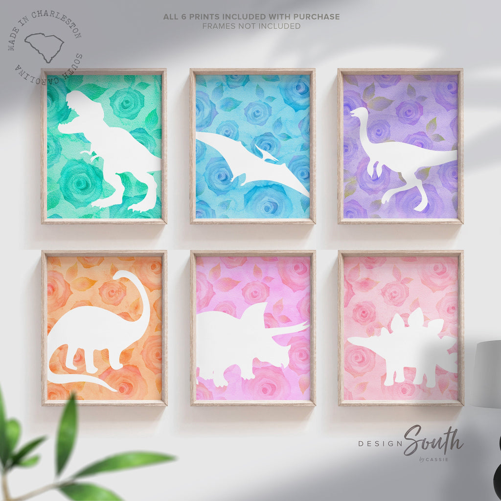 Roses flowers girl dinosaur, floral dinosaur room art for girl, playroom girl dino, playroom dinosaur art, girly dinosaur art, pink dinosaur