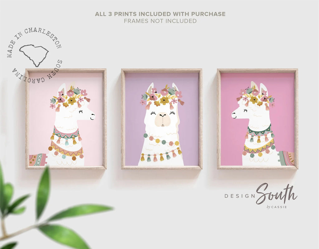 Llama flower crown baby room, baby decor llamas, nursery alpaca llama theme, print set llama succulents, llama art baby room, bedroom llama