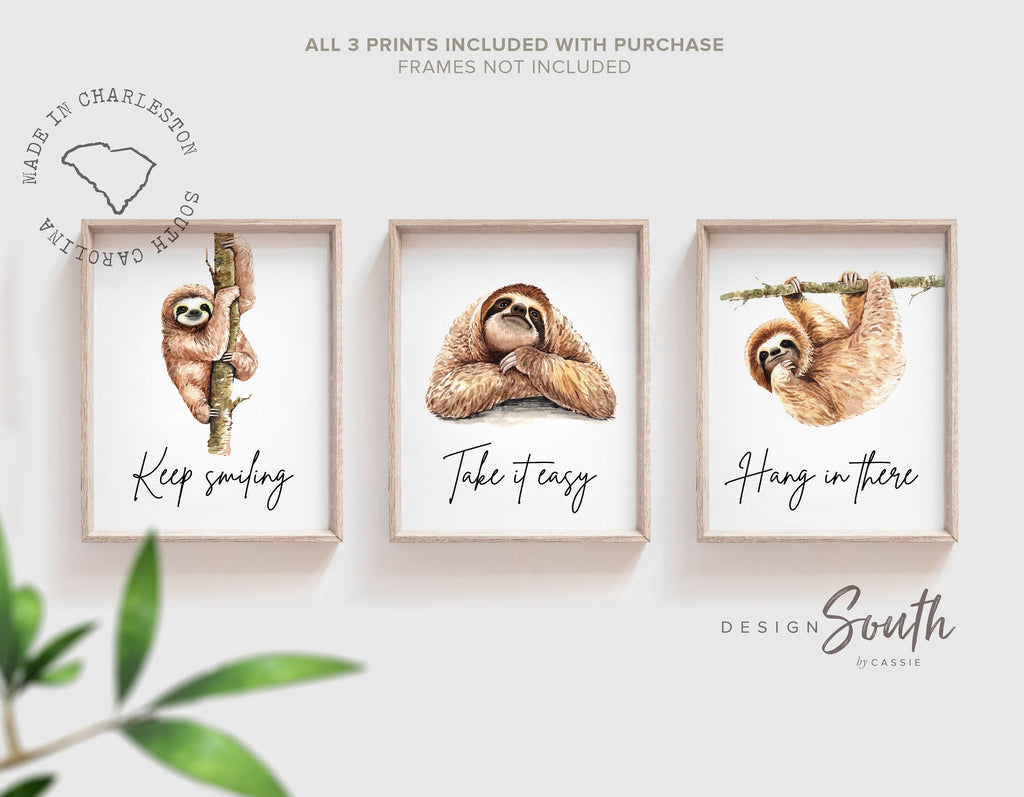 Sloth wall art, set of 3 sloths, sloth quotes art prints, sloth themed room, child sloth wall art, sloth bedroom decor, hanging sloth decor