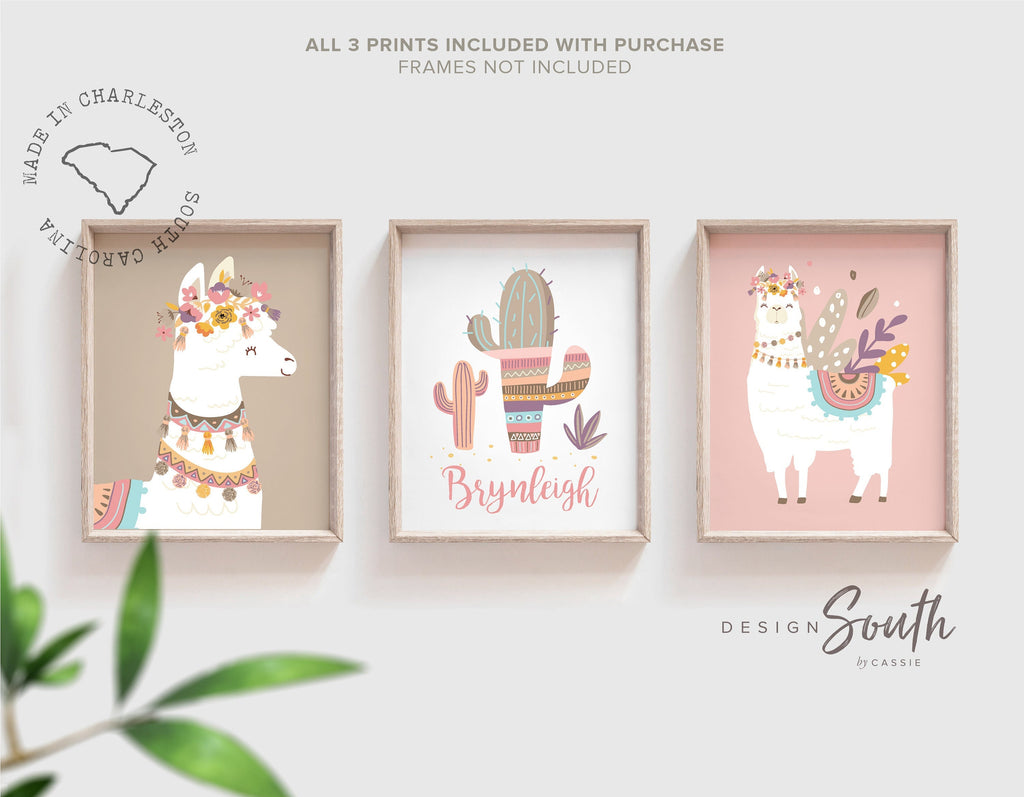 Baby girl nursery muted pink, floral llama pale pinks, baby alpaca decor mauve, crown animal llama pictures print set, bedroom girls name