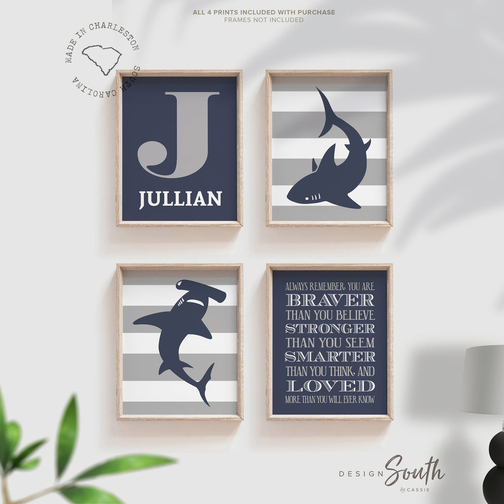 Boys navy blue and gray shark room decor, boys wall art, big boy bedroom, boys shark bedroom personalized name, shark nursery, shark decor