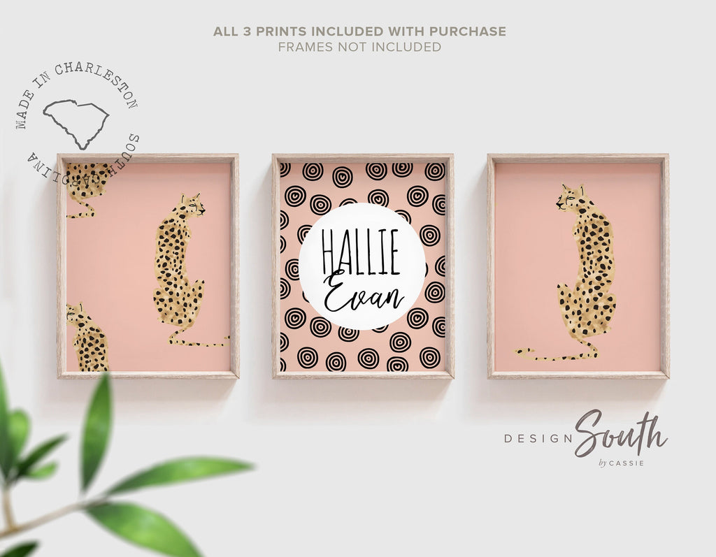 Chic trendy girl nursery, pink spotty nursery, cheetah print nursery, safari animal nursery art girl, baby pink cheetah girls name modern