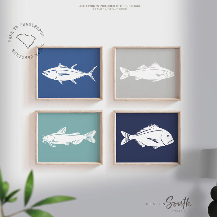 Fish art prints nursery decor modern, nautical artwork blue and gray, set of four prints, fishing theme gift for boys, playroom wall ideas