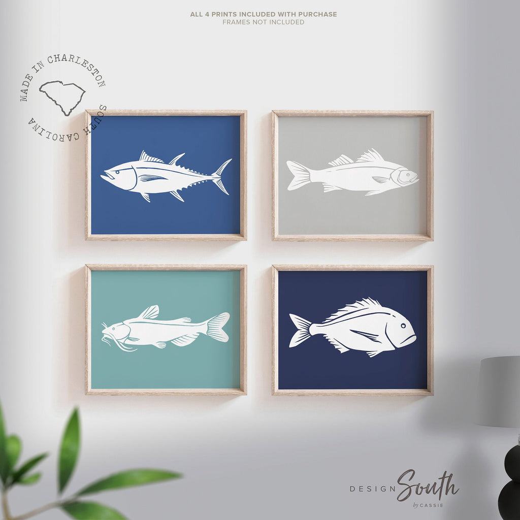 Fish art prints nursery decor modern, nautical artwork blue and gray, set of four prints, fishing theme gift for boys, playroom wall ideas