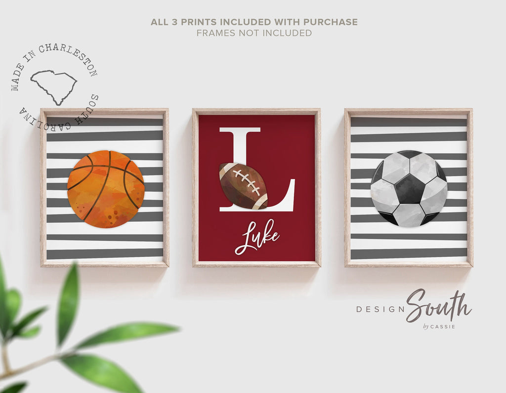 Dark red and gray sports themed room personalized boys name, sports print set gallery collection, sports wall art theme, basketball soccer ball