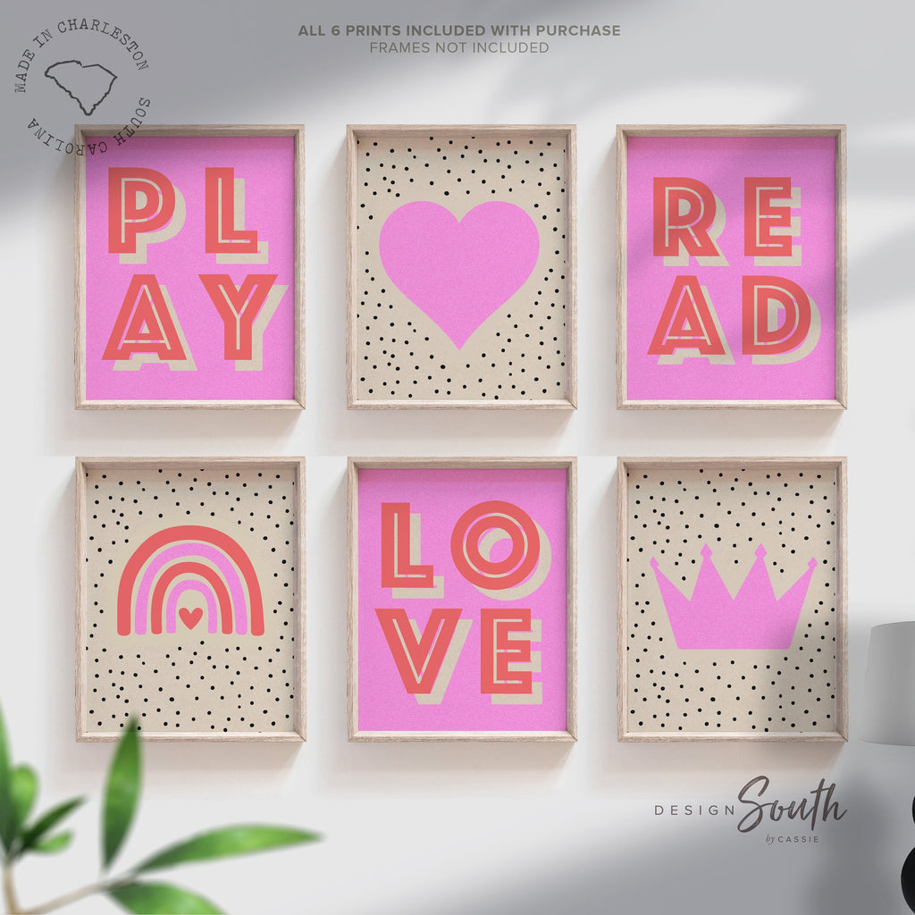 Girls pink retro bedroom playroom or nursery art, rainbow heart crown love play read decor, decor for girls room, hot pink wall decor girls