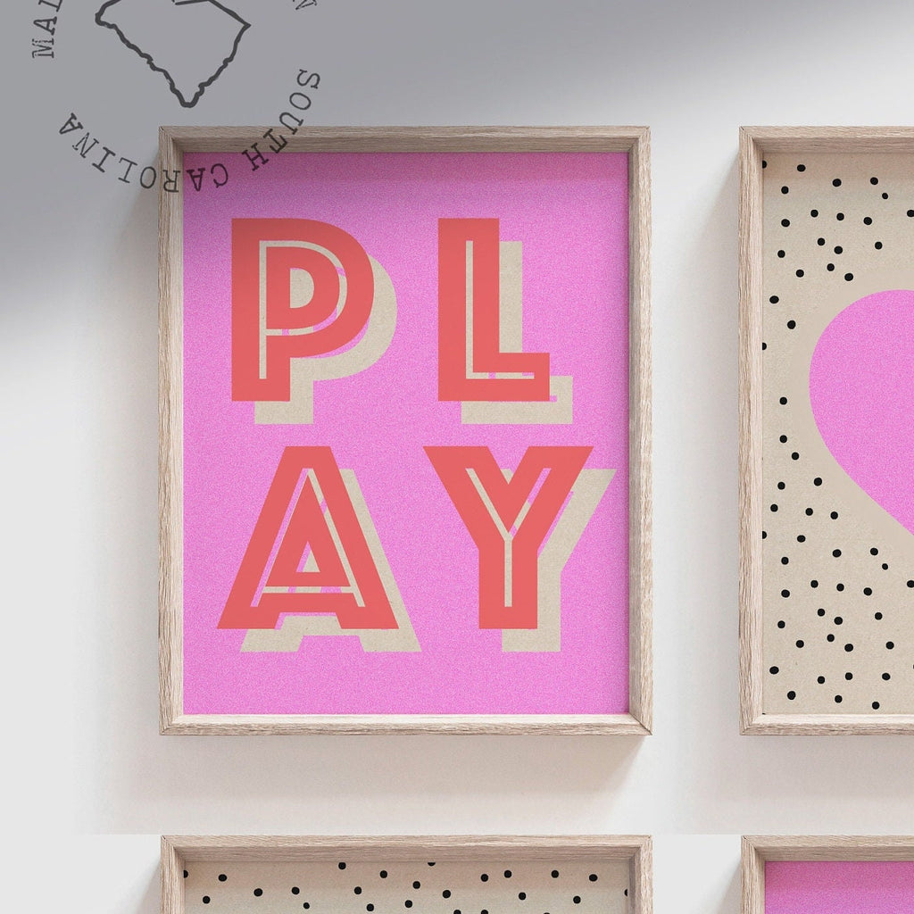 Girls pink retro bedroom playroom or nursery art, rainbow heart crown love play read decor, decor for girls room, hot pink wall decor girls