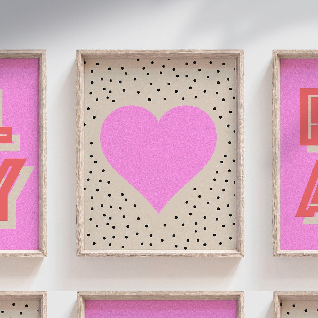 Girls pink retro bedroom playroom or nursery art, rainbow heart crown love play read decor, decor for girls room, hot pink wall decor girls