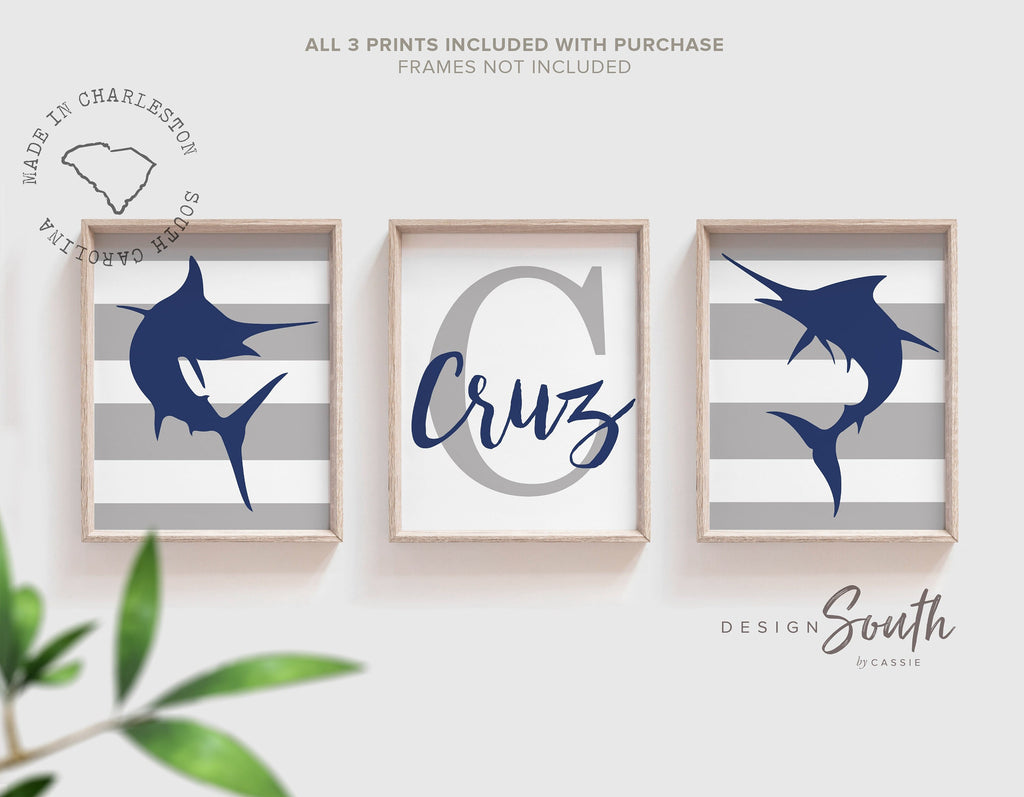 Marlin fish gift for boy, deep sea fishing wall art prints fishing nursery, boy saltwater fishing art, boy fishing bedroom personalized name