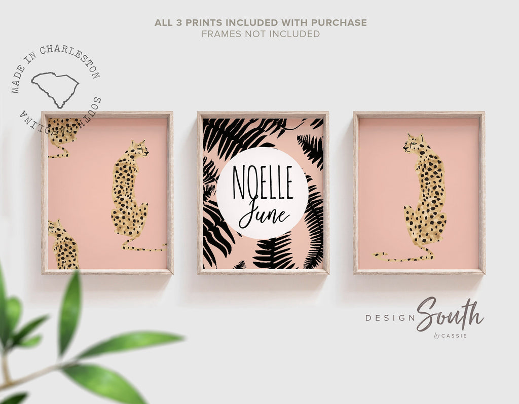 Boho wall decor, safari animal art, personalized nursery safari print set, pink cheetah leopard, baby girl modern nursery, tropical girl art