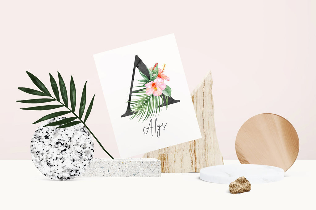 Girl nursery decor, palm leaf tropical theme nursery art, coral tropics botanical baby girl wall, palm nursery decor, pink tropical decor