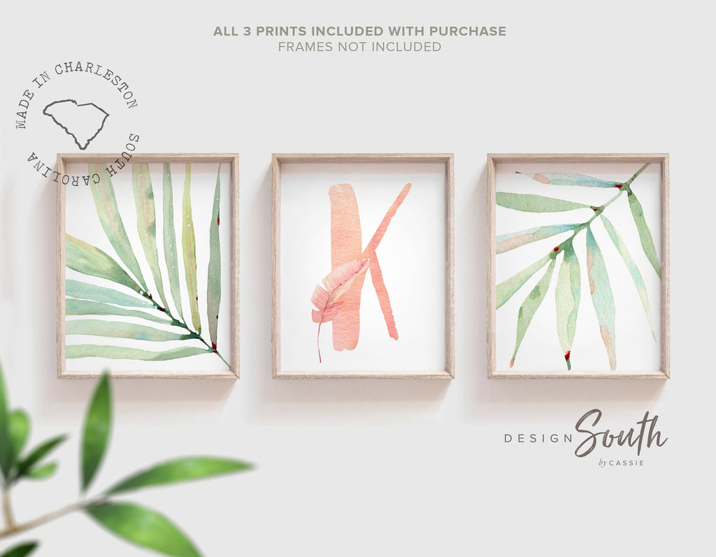 Light pink and green tropical baby, blush peach tropical nursery, beach plants pink initial baby art, newborn nature themed nursery prints