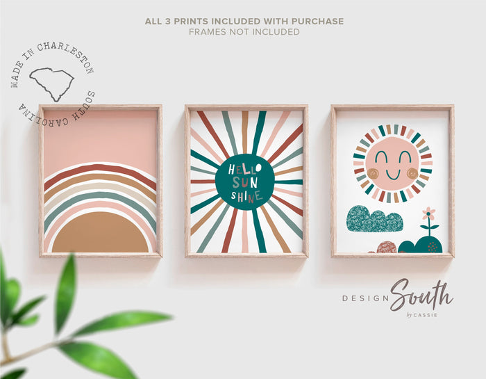 Hello sunshine baby art, teal nursery art, teal bedroom gender neutral kids art, gender neutral nursery beige teal, sun clouds rainbow kids