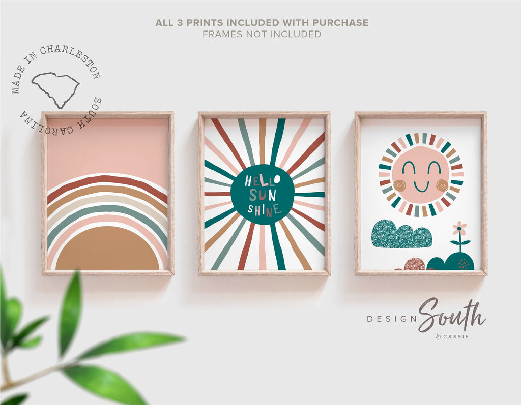 Hello sunshine baby art, teal nursery art, teal bedroom gender neutral kids art, gender neutral nursery beige teal, sun clouds rainbow kids