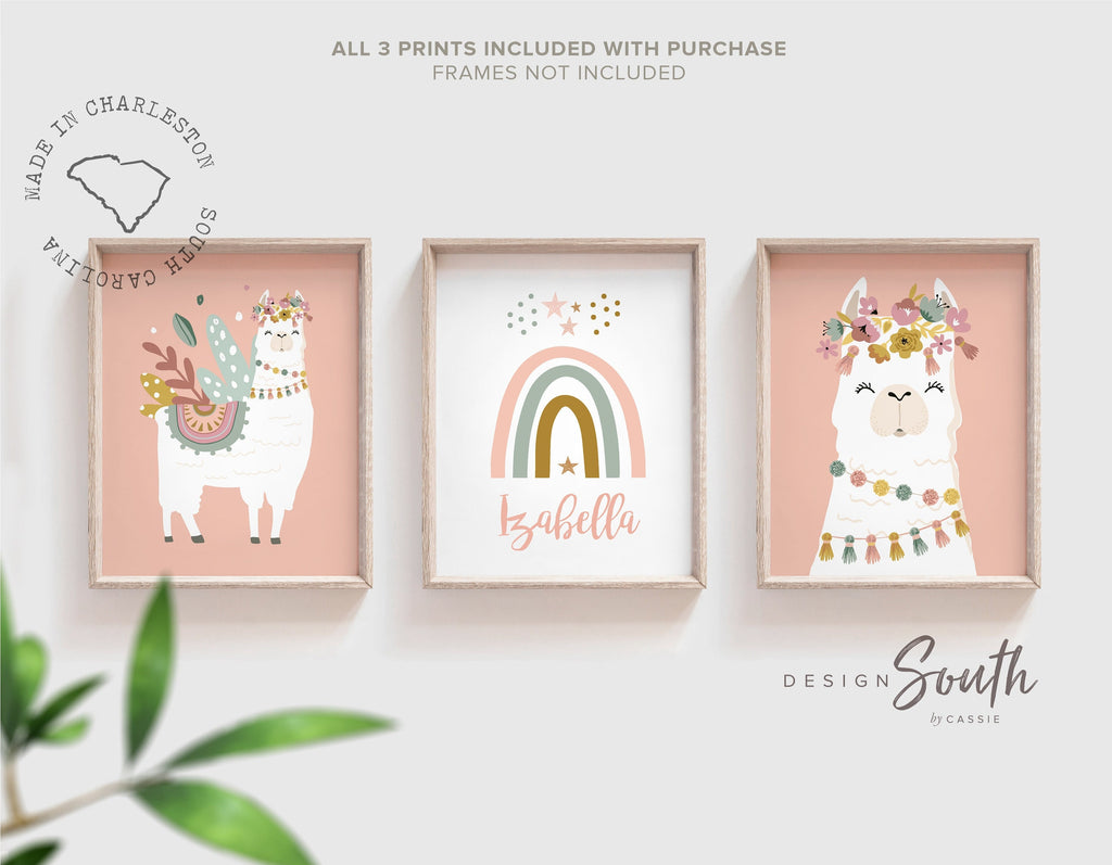 Boho nursery decor, boho nursery wall art idea, print set llama mauve pink succulents, llama themed baby room, wall decor girl bedroom llama