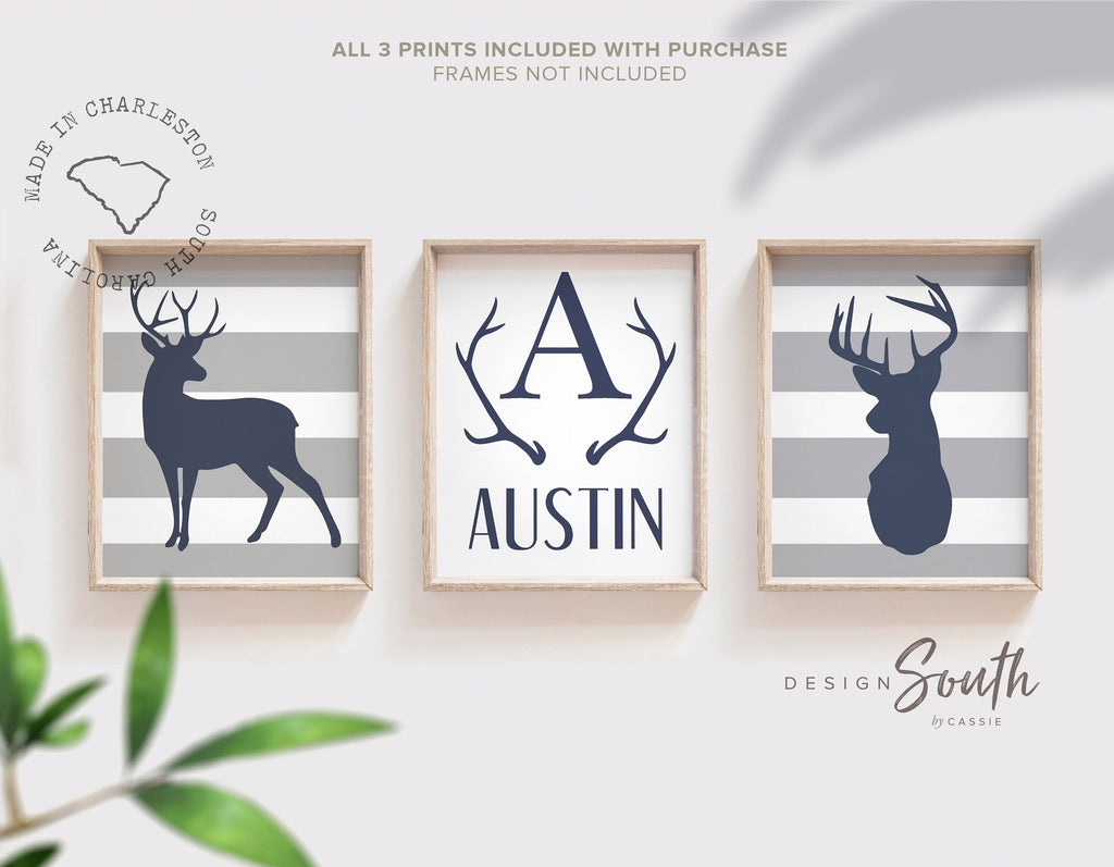 Deer decor, navy gray deer art, boy monogram, buck hunting decor boys room, navy deer big boy room, hunting kids room name personalized art