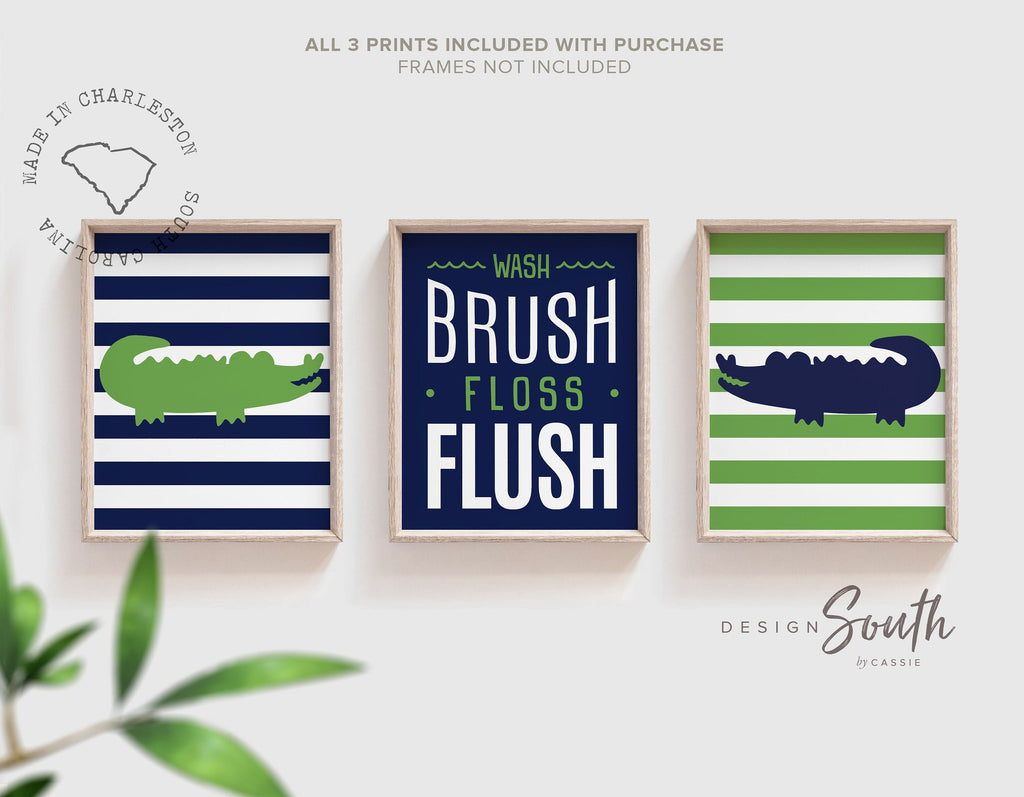 Little boy bathroom decor, gator bathroom, navy blue and green alligator bathroom, boys bathroom decor, wash brush floss flush, alligators