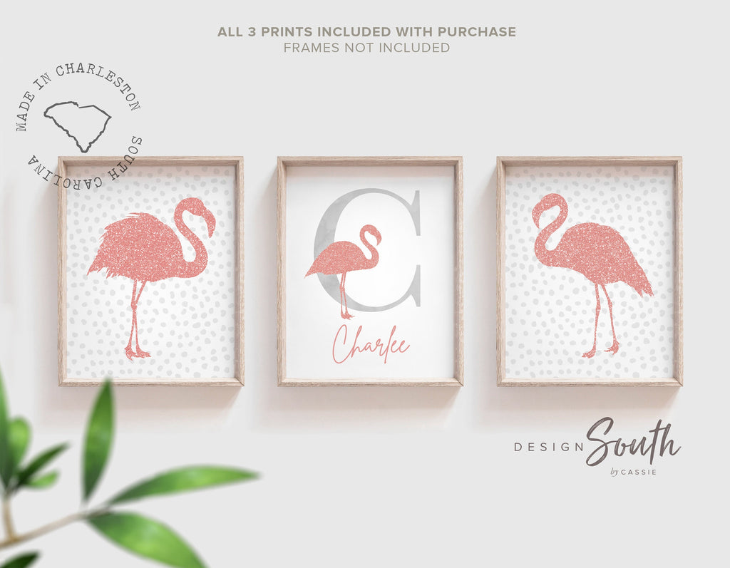 Rose gold glitter flamingo art, tropical prints rose gold, girls pink glittery art, girl room decor pink glitter, personalized pink gray