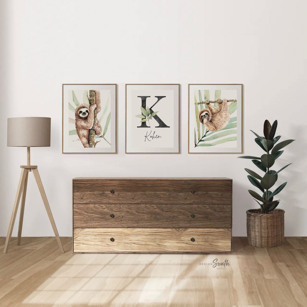 Sloth wall art set, sloth themed baby nursery, sloth nursery ideas, sloth tropical rainforest room decor, sloth boy monogram, toddler sloths