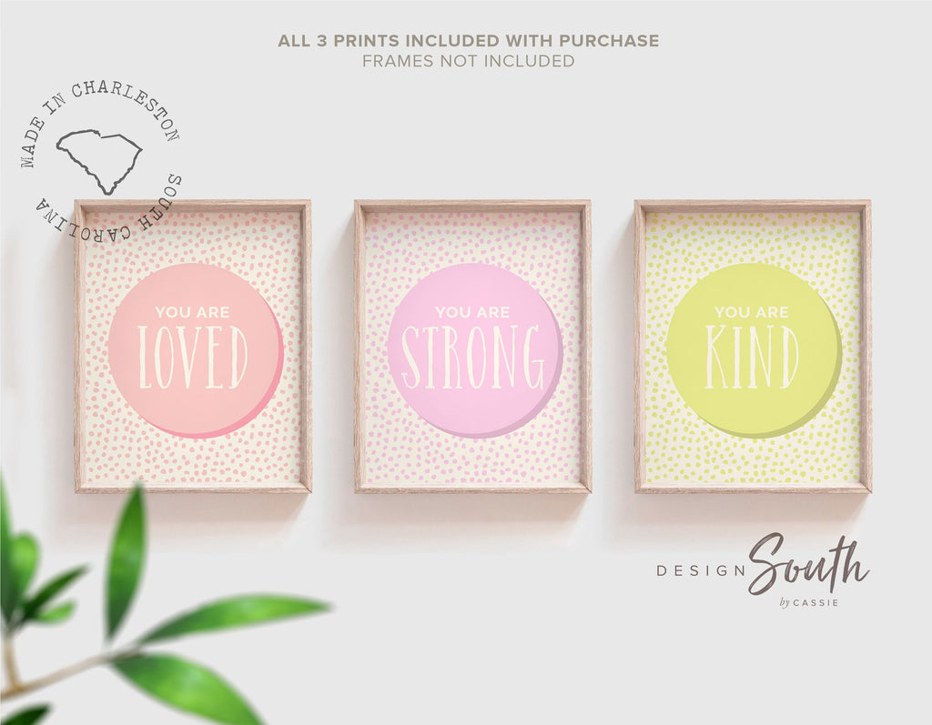 Art prints coral blush pink yellow, little girl room art set, you are strong loved kind, positive print set for girl set, coral yellow room