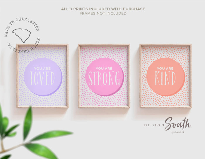 Art prints purple pink coral, little girl room art set, you are strong, you are loved, you are kind, positive print set for kids set of 3