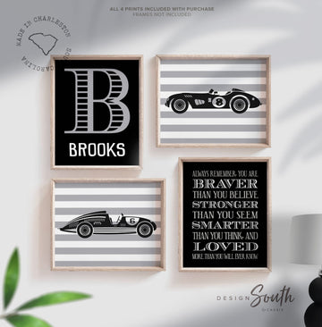 Vintage racecar prints, vintage car nursery, black and gray art, racecar nursery theme, boys racecar nursery, racecars, boys racecar bedroom