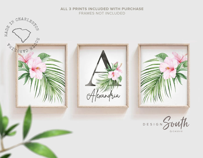Girl nursery decor, palm leaf tropical theme nursery art, jungle theme botanical baby girl wall, coastal nursery decor, pink tropical decor