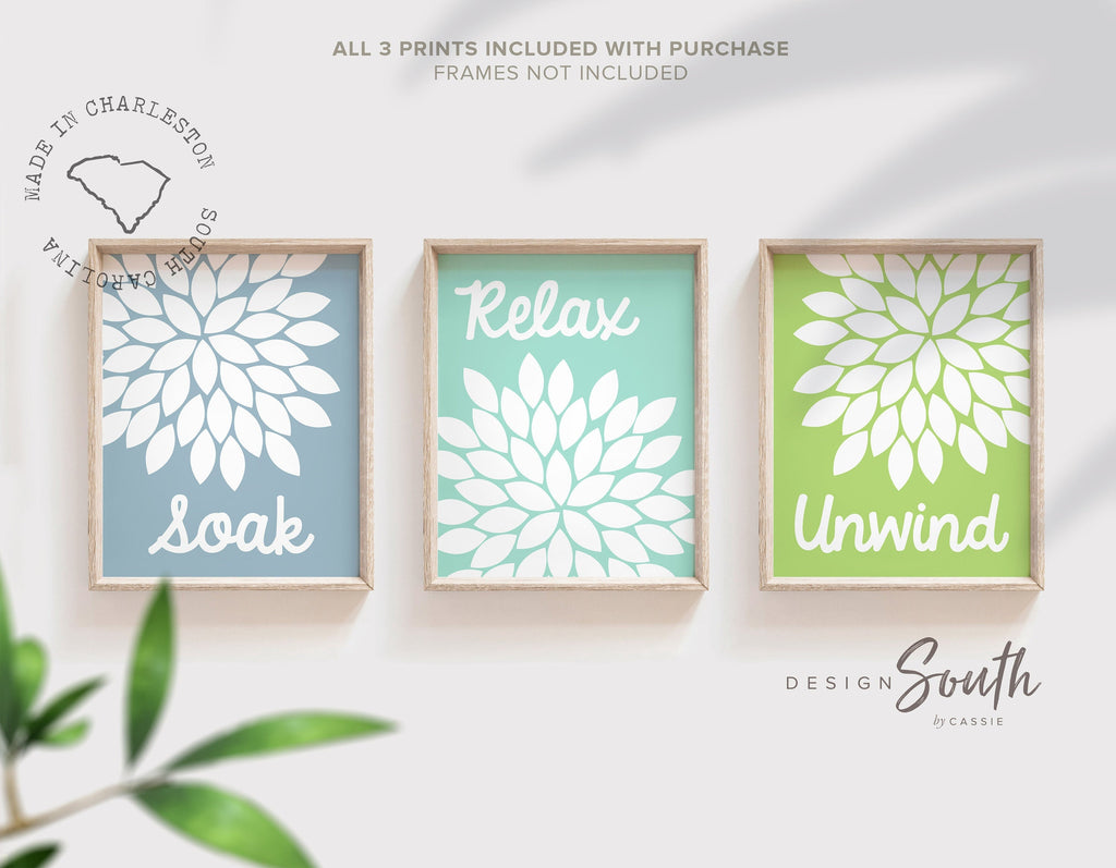 Bathroom wall decor, soak, relax, unwind, dahlia print for bathroom, adult bathroom decor, childrens bathroom decor, bathroom flower art
