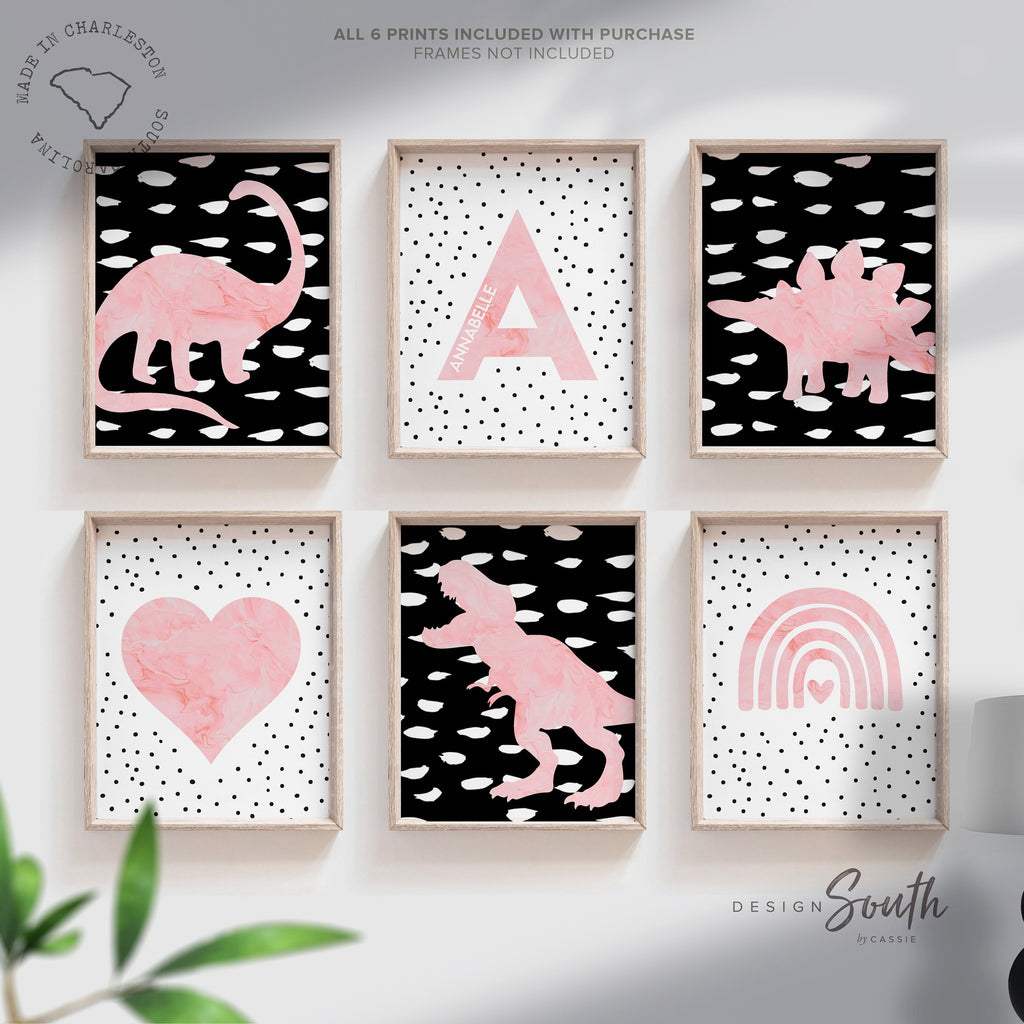 Girl pink dinosaur birthday party gift, dinosaur girl decorations, dinosaur girl room art prints, dinosaur rainbow personalized name initial