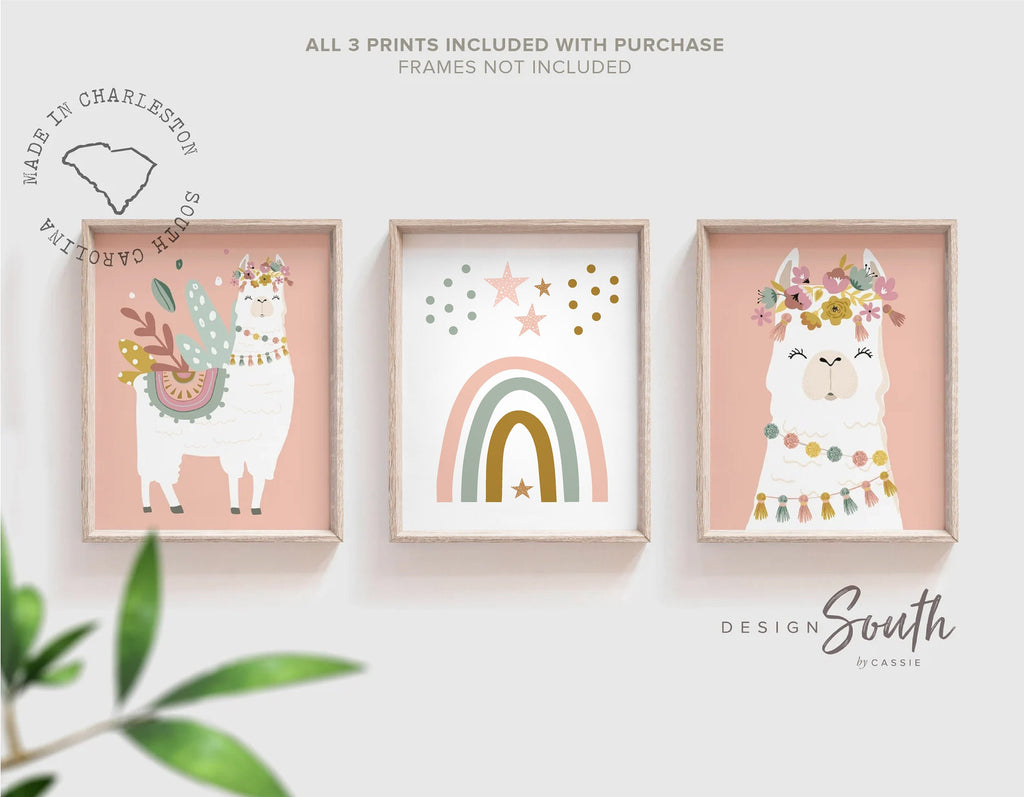 Boho nursery decor, boho nursery wall art idea, print set llama mauve pink succulents, llama themed baby room, wall decor girl bedroom llama